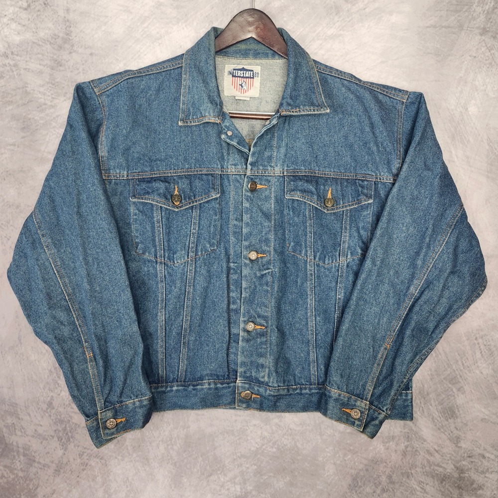 Vintage 90s Denim Trucker Jacket Mens Large Blue Medium Wash Workwear Boxy